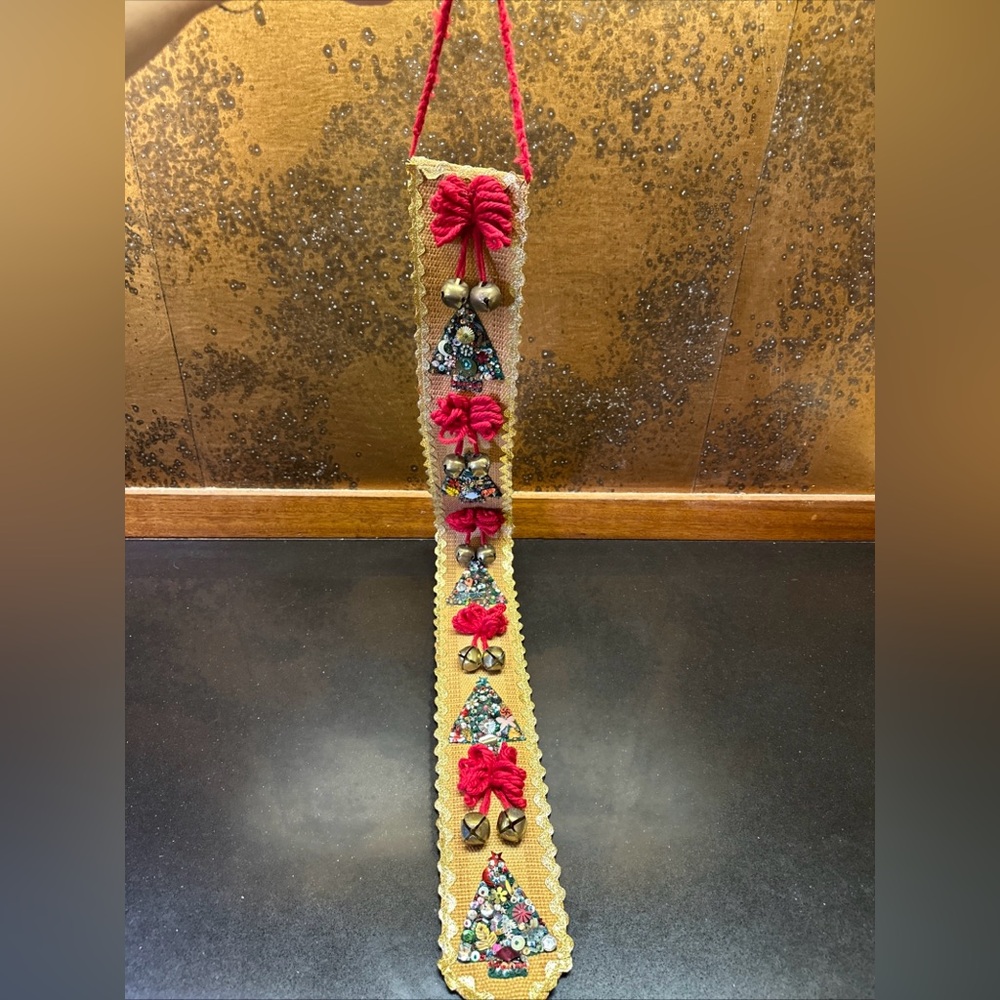 Vintage Handmade Sequin Christmas Tree Ric Rac Door Wall Hanging Banner 38” Long